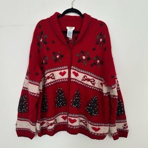 Vintage Style Talbots Red Holiday Cardigan with Festive Patterns